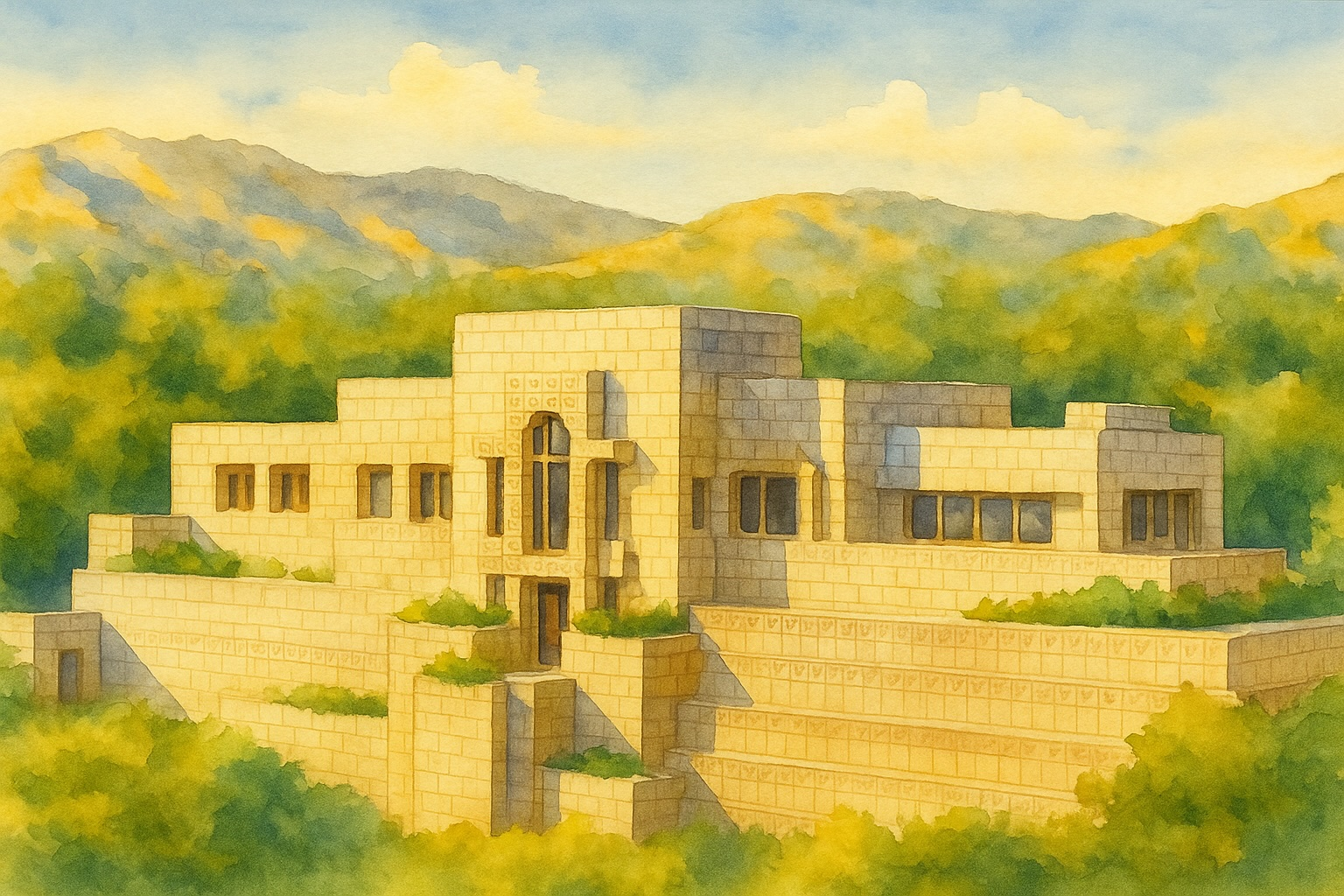 Ennis House exterior with patterned concrete textile blocks and stepped Mayan Revival design