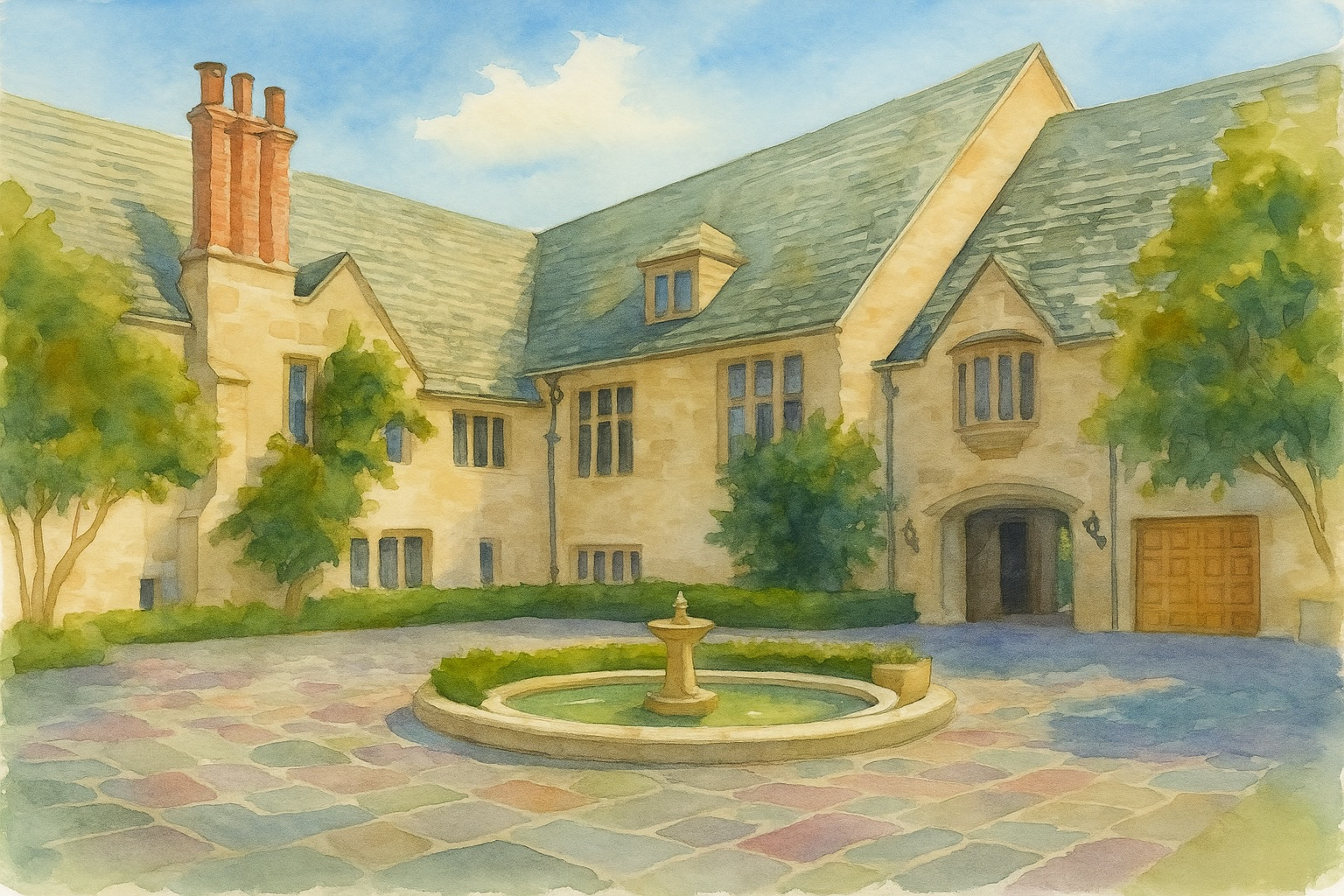 Greystone Mansion exterior with pale limestone façade and Tudor Revival architecture.