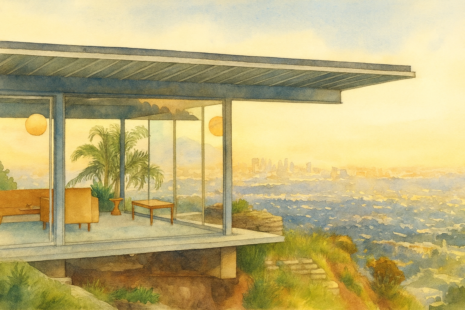 Stahl House Case Study House 22 exterior watercolor with panoramic view over Los Angeles