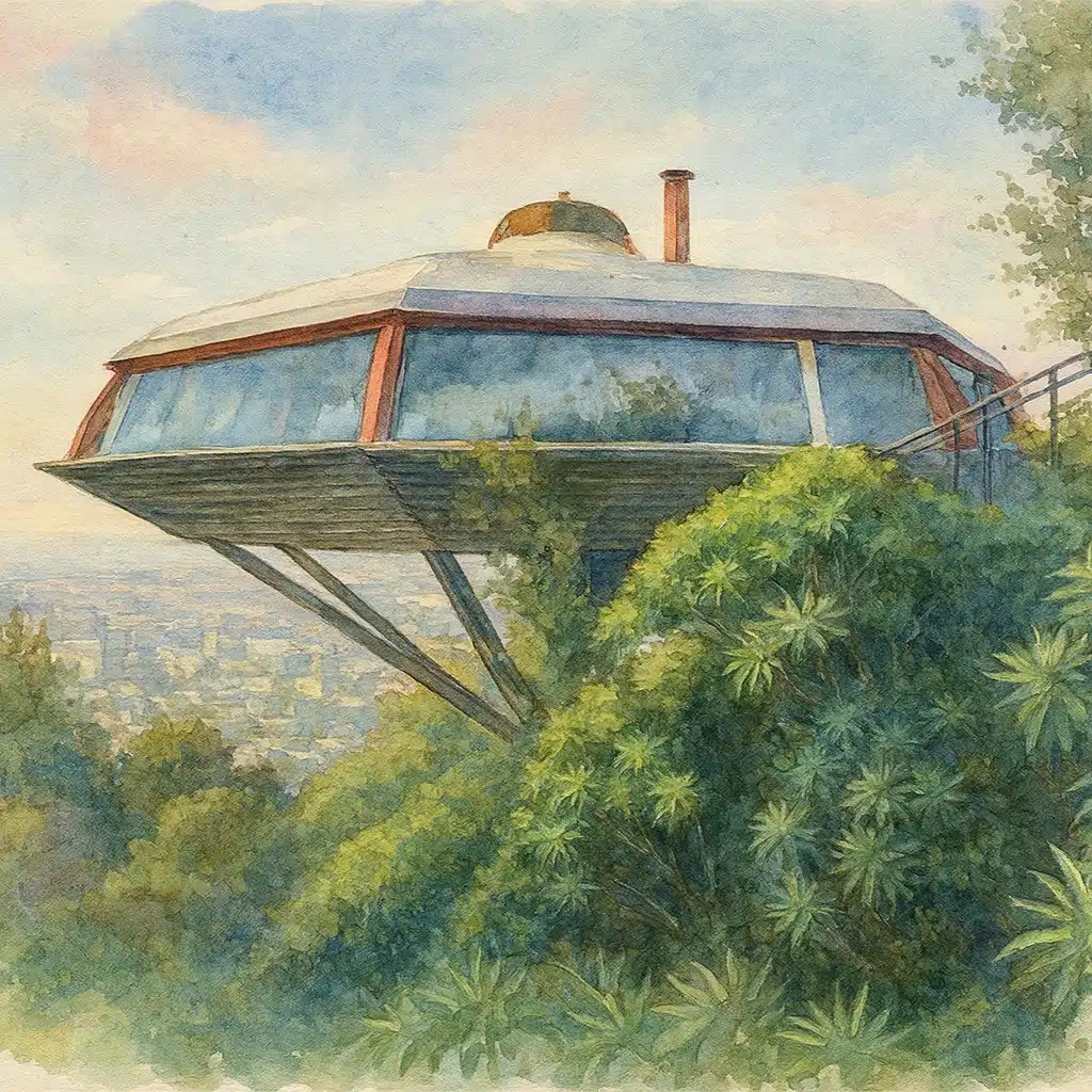 Watercolor illustration of the Chemosphere, John Lautner’s 1960 octagonal home suspended on a single concrete column above the Hollywood Hills, overlooking Los Angeles.