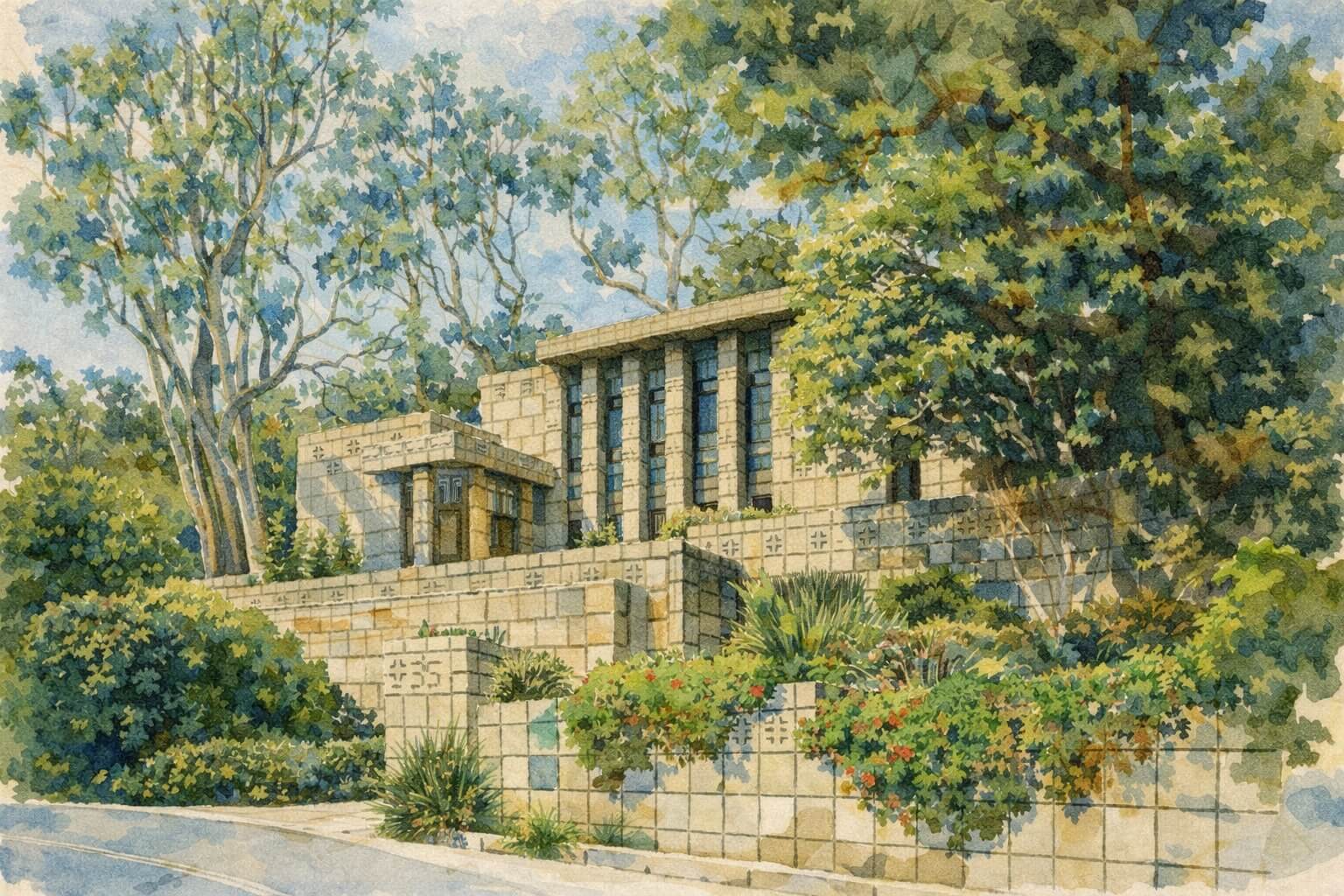 Watercolor illustration of Frank Lloyd Wright’s Storer House in the Hollywood Hills, Los Angeles, built in 1923