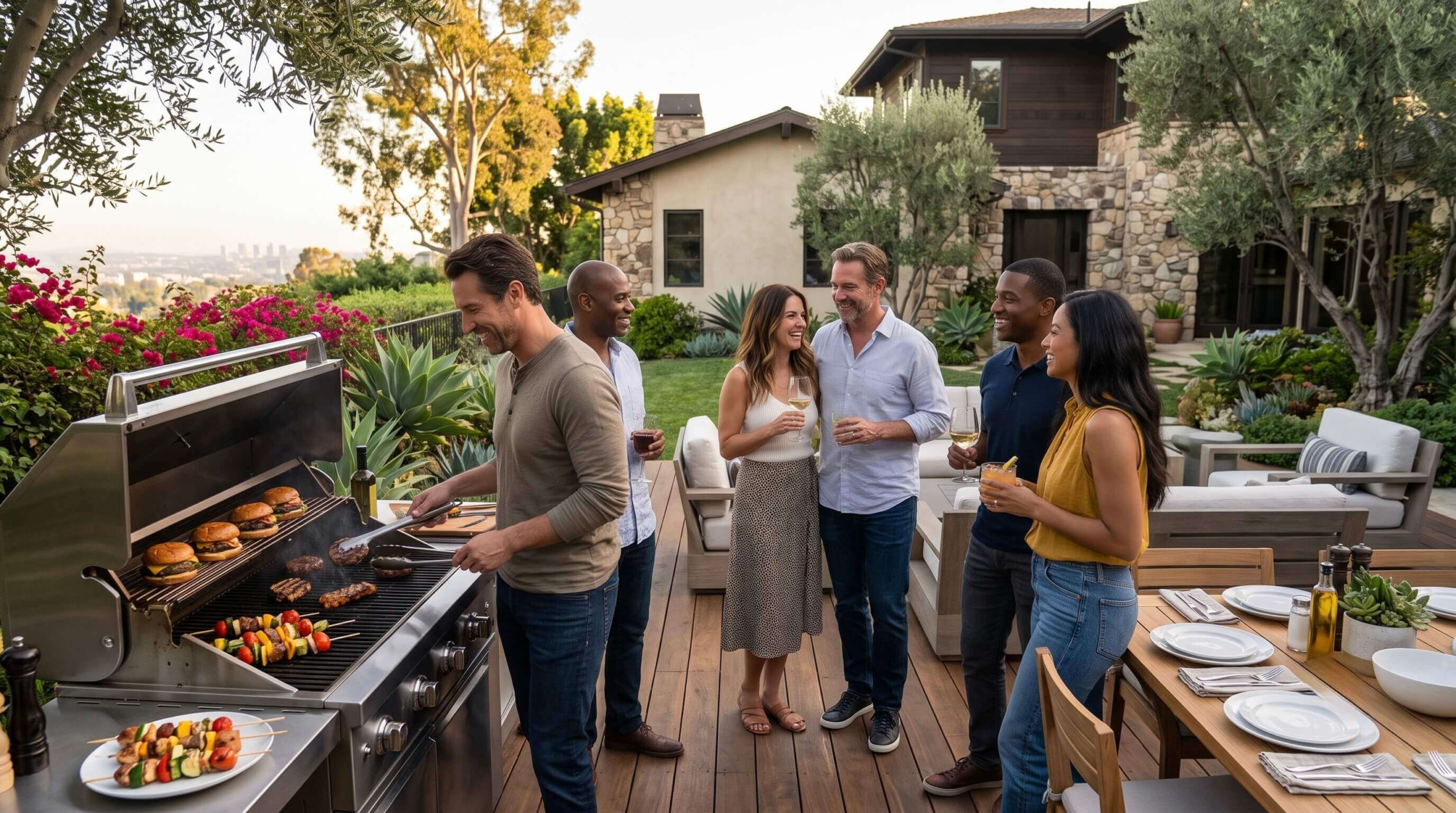 Alt Text: A happy family standing outside a home in Los Angeles with their real estate agent.