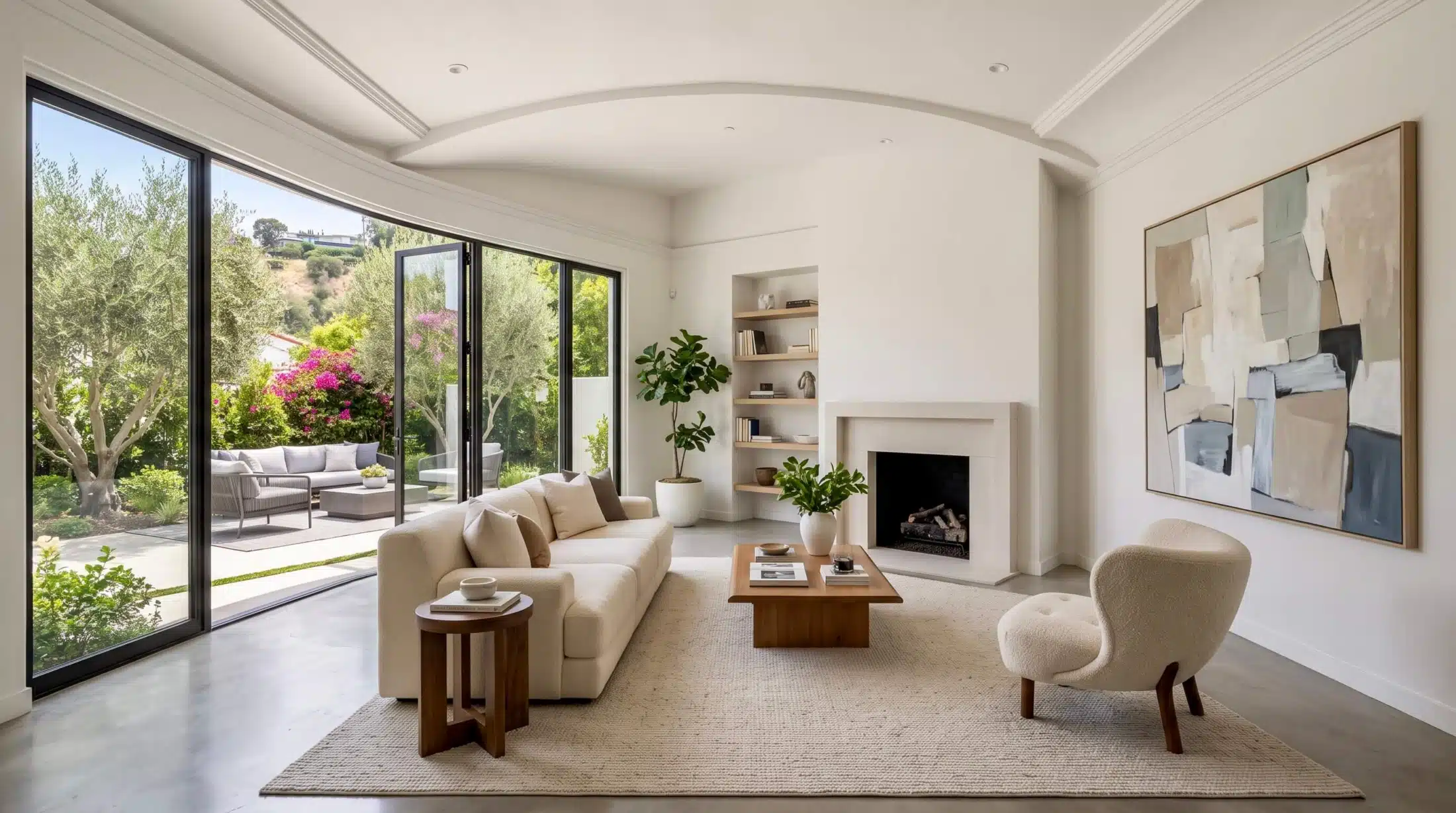 A perfectly staged, sunlit modern Spanish style living room with clean lines, minimalist furniture, an open arched window looking out to lush green landscaping, and pristine presentation.