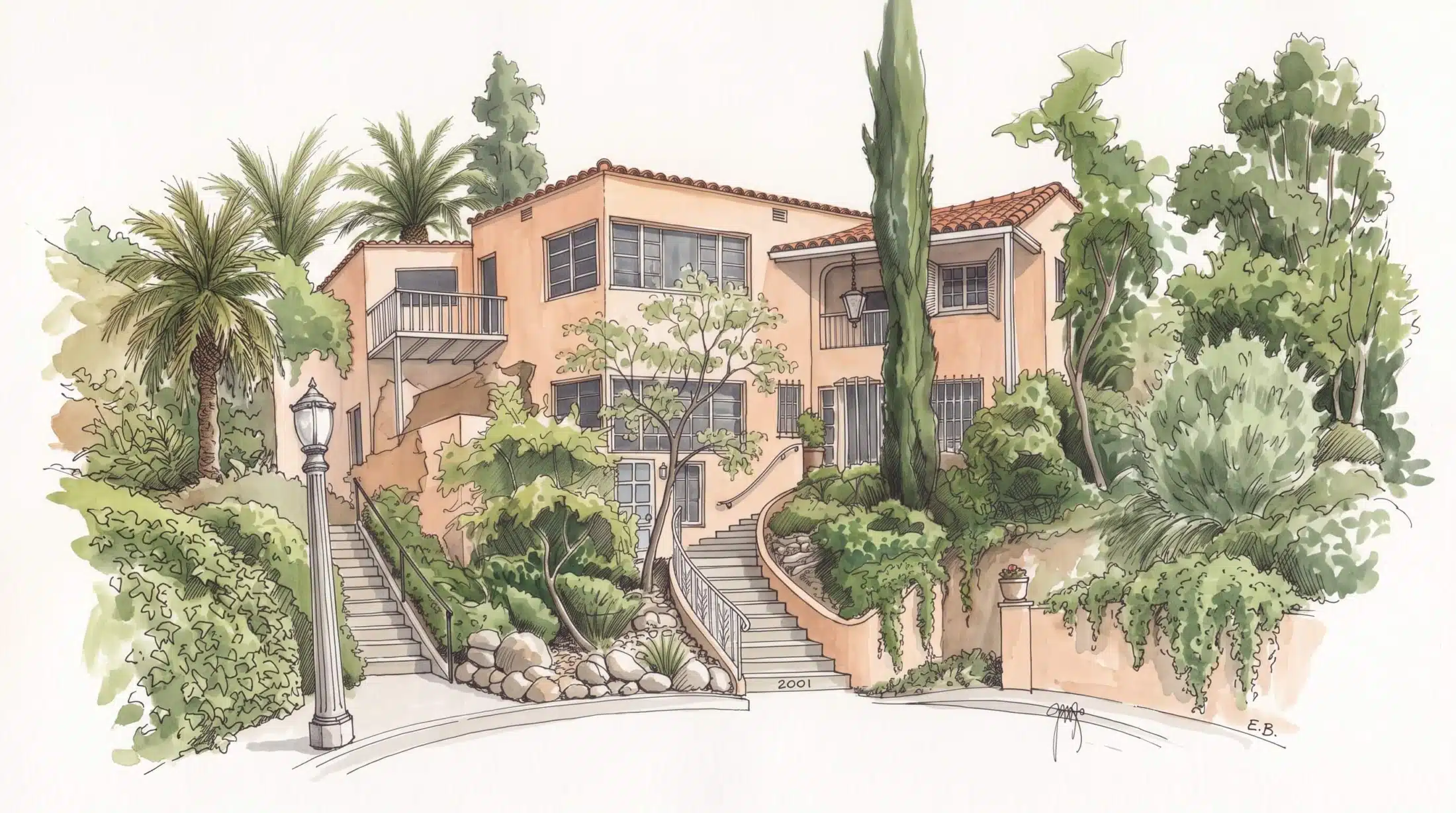 2001 Holly Hill Terrace watercolor illustration showing the Mediterranean Revival facade, 1941 veranda, and front staircases in Whitley Heights